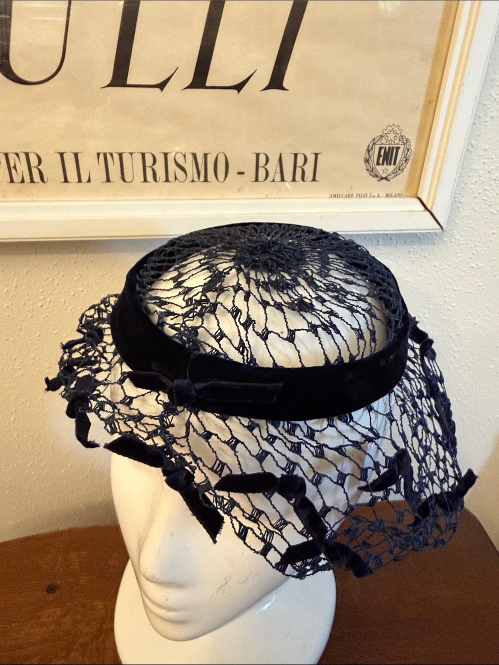 Vintage Black Lace Veiled Hat with Velvet Band